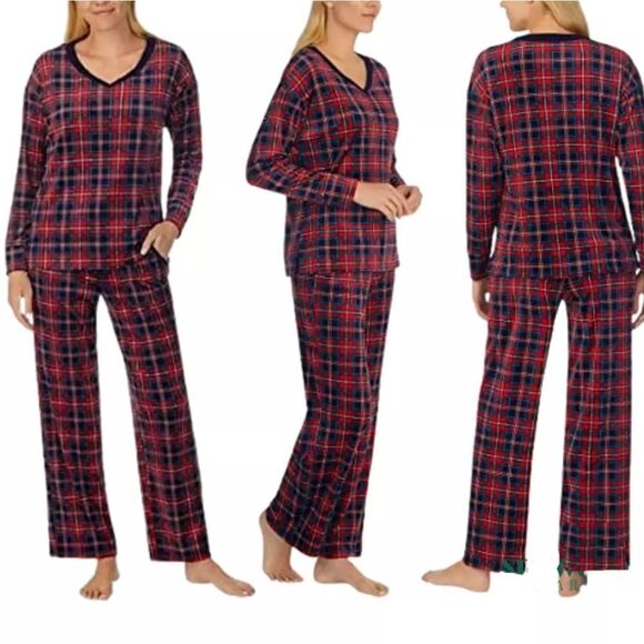 Nautica women's blue/red plaid plush V neck long-sleeve  2 Piece pajamas set XL - Picture 1 of 11